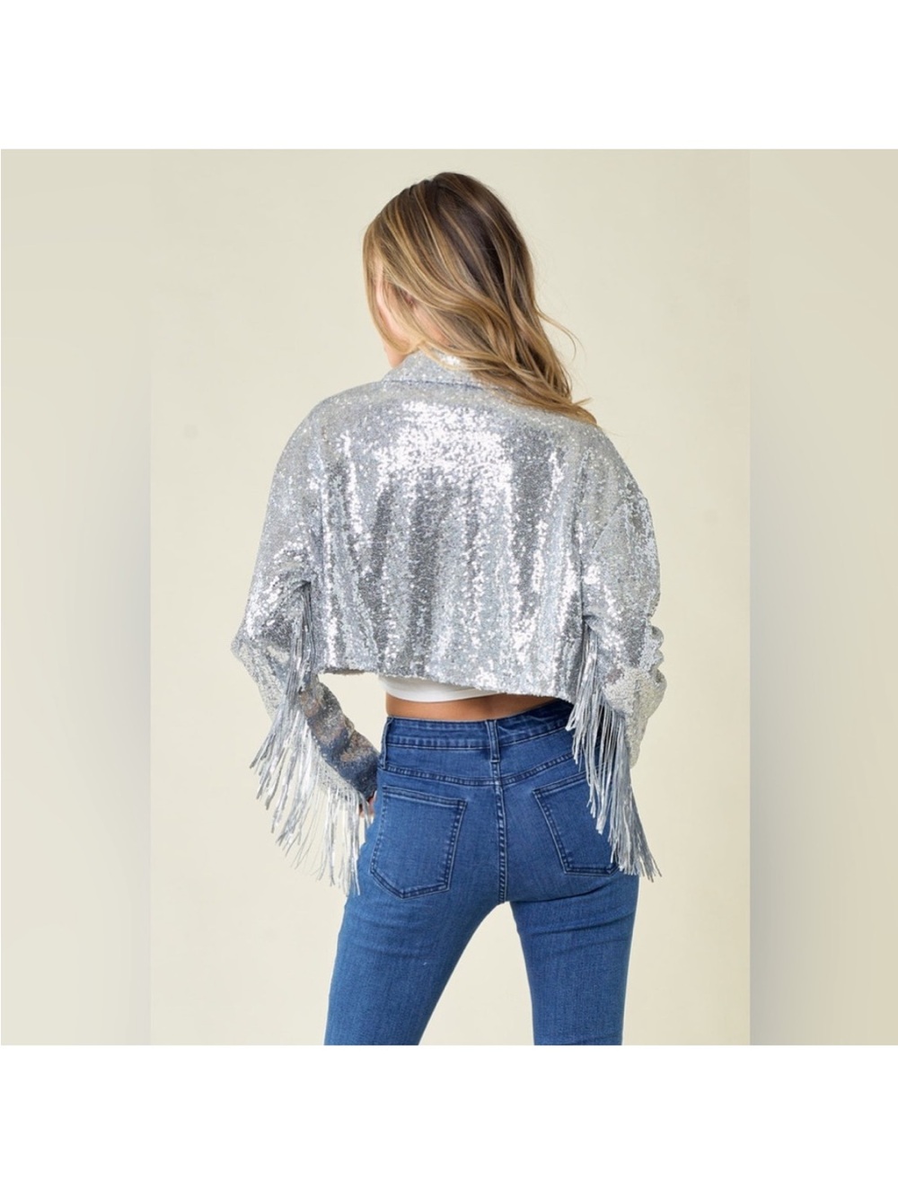 Silver Sequin Fringe Crop Jacket - Women's Party Top - Picture 3 of 7